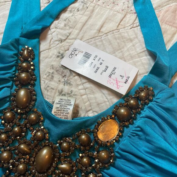 cache vintage y2k deadstock metal jeweled blue cinched halter top size small - Picture 2 of 7